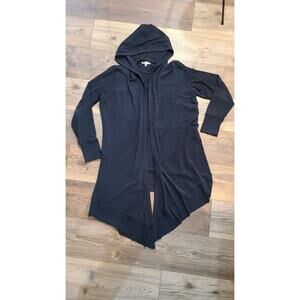 Cabi Womens M Cardigan Black Long Open Front Waterfall Hooded Ribbed Trim